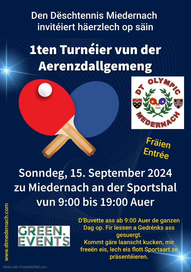 Flyer Dëschtennis Miedernach Tournéier